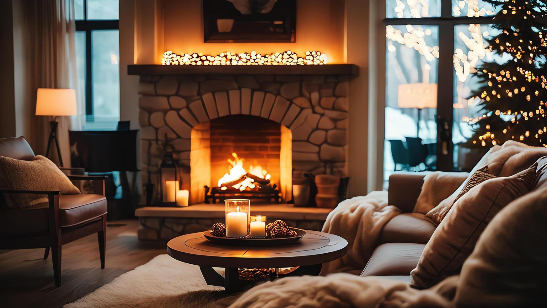 a living room with a fireplace and christmas decorations photo