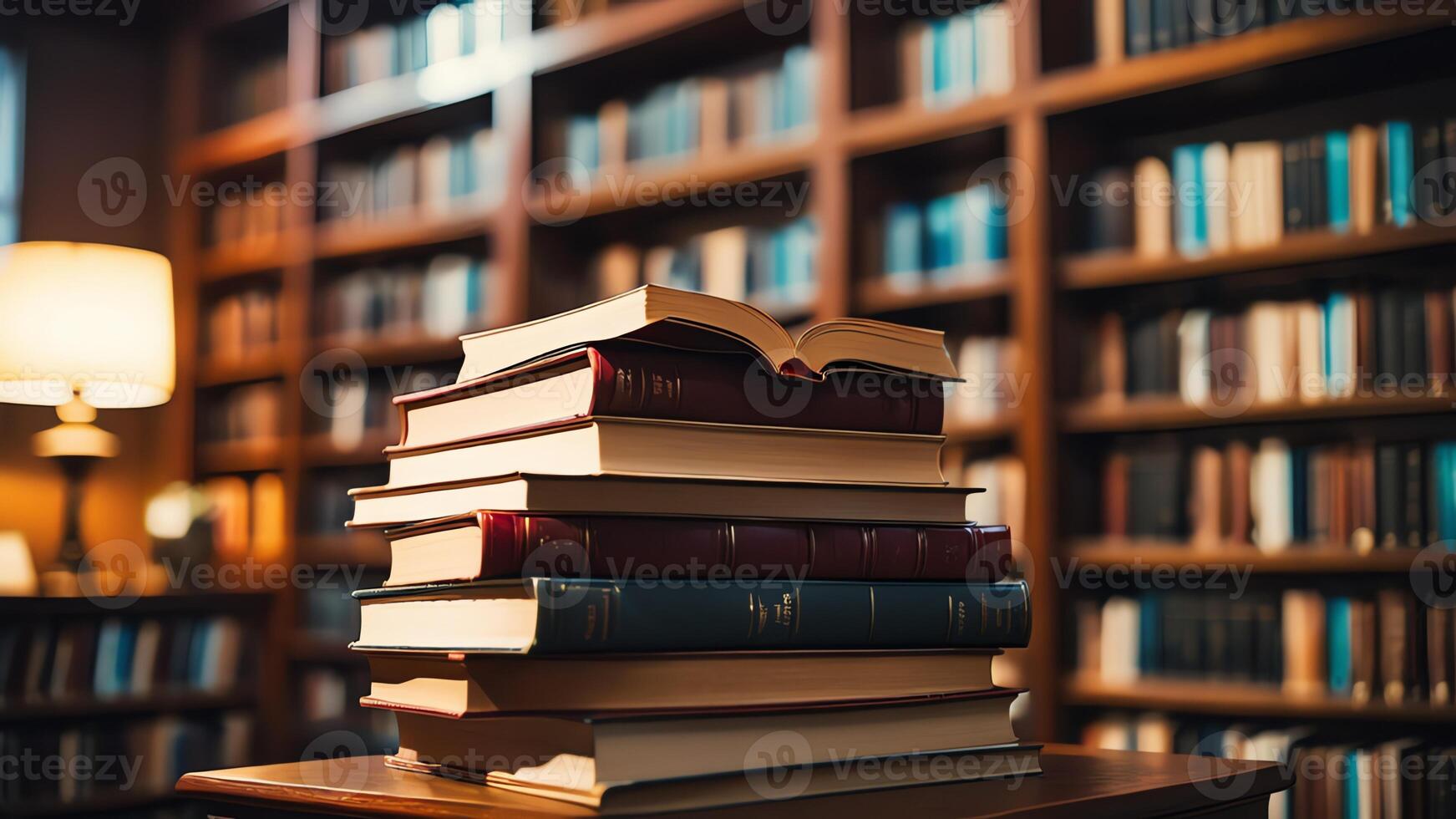 a stack of books on a table in front of a library photo