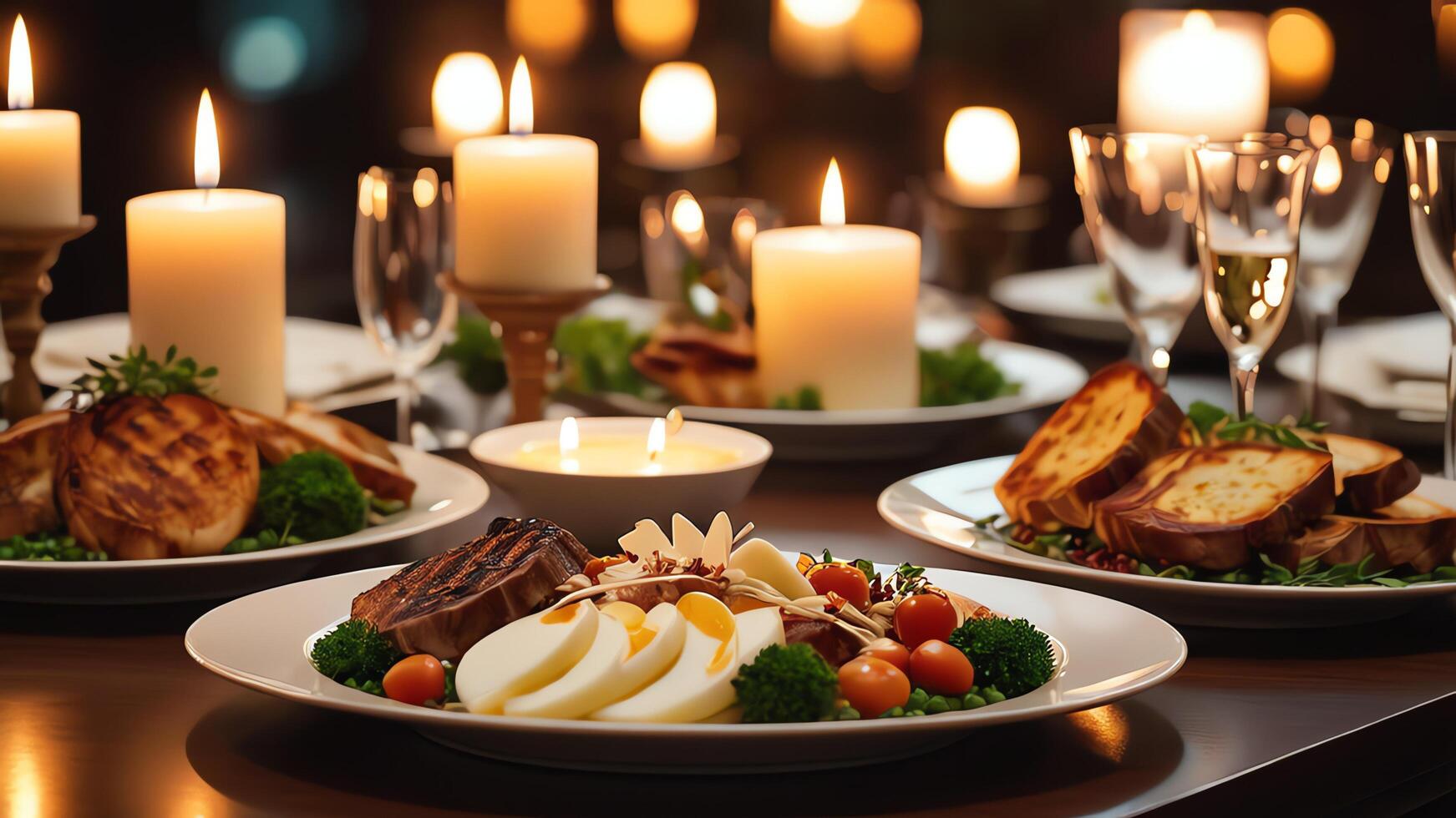 a dinner table with food and candles photo