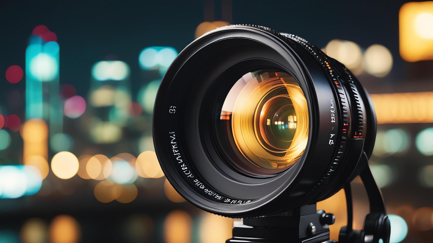 a camera lens is shown in front of a cityscape photo