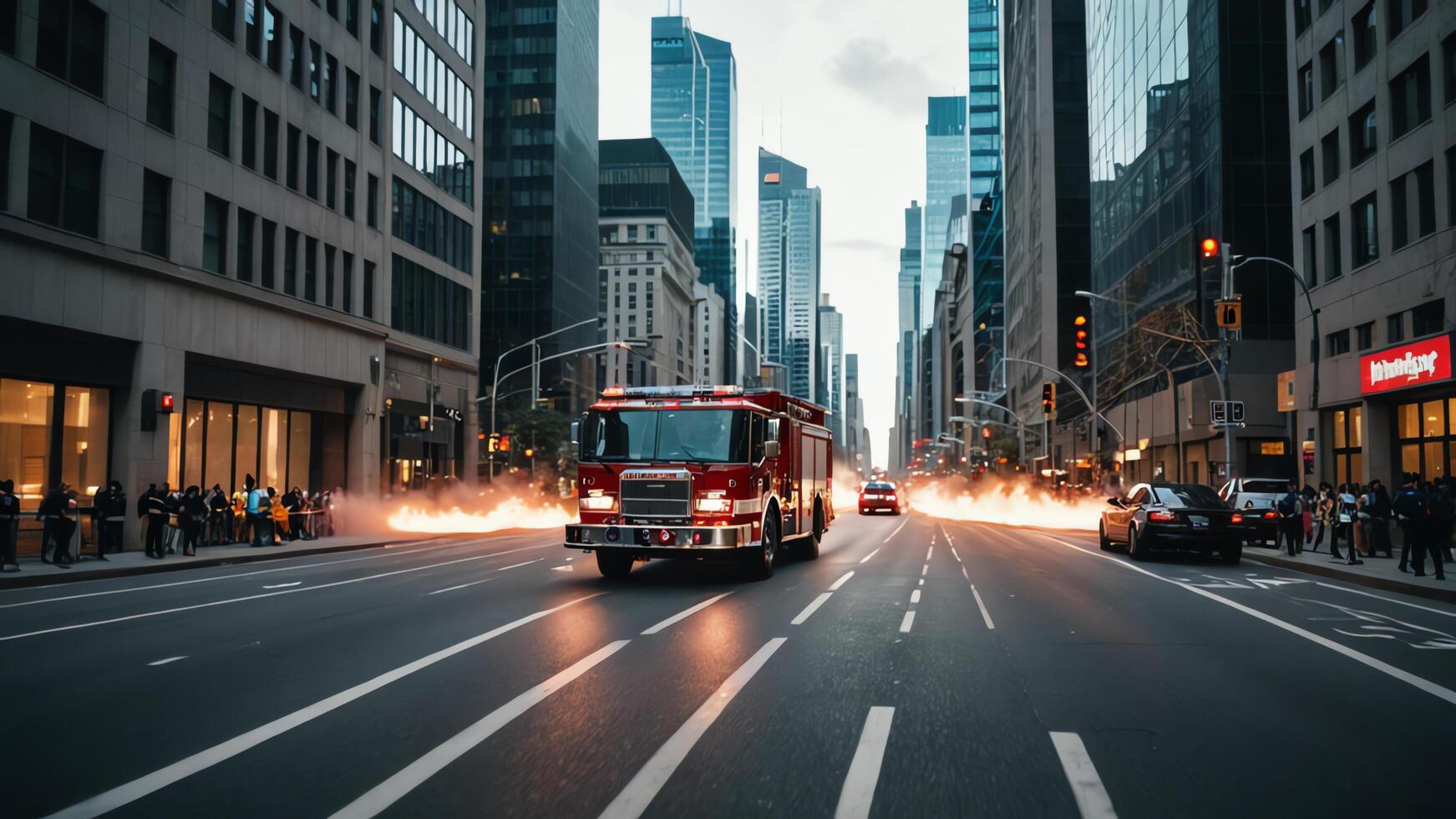 fire truck on the street with flames coming out of the back photo