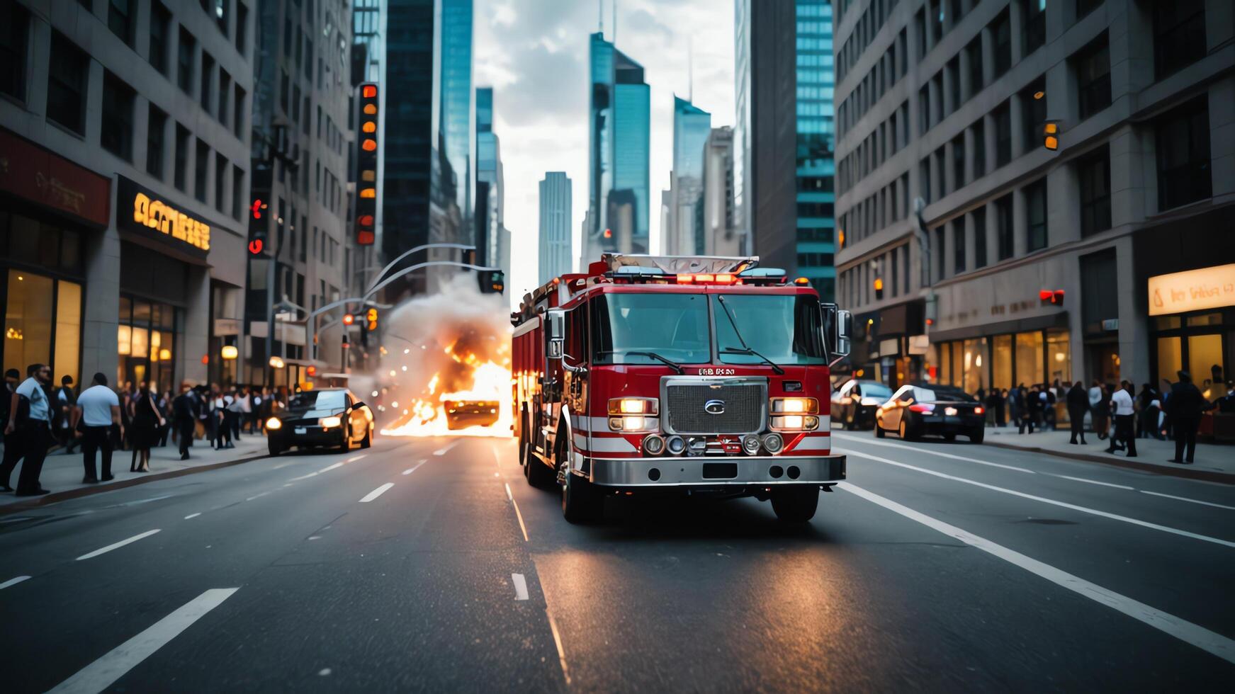 fire truck on the street with flames coming out of the back photo