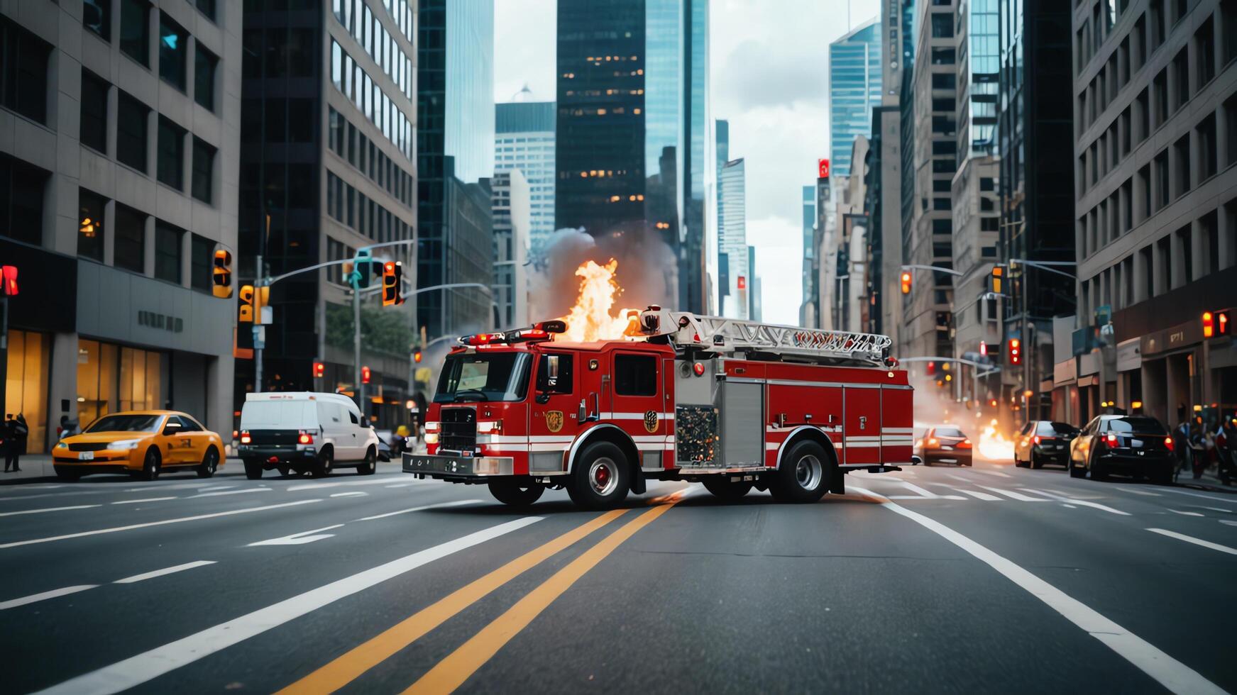 fire truck on the street with flames coming out of the back photo