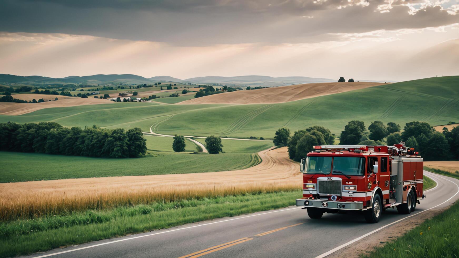 a red fire truck driving down a road photo