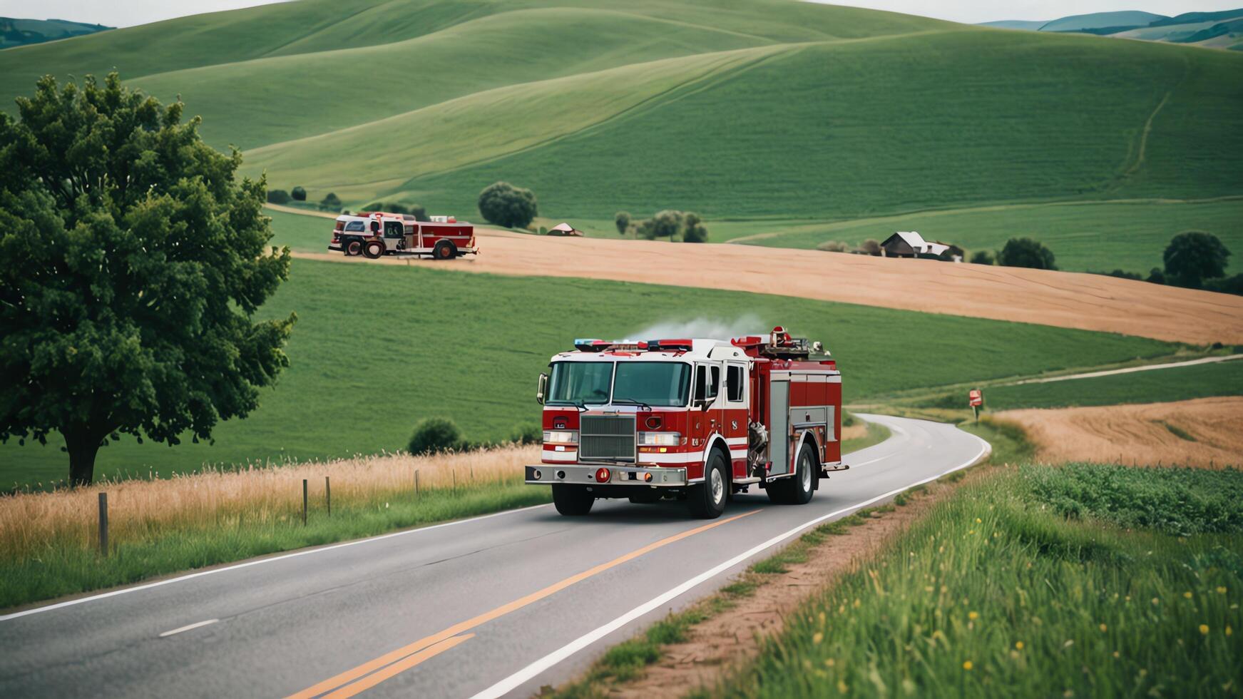 a red fire truck driving down a road photo