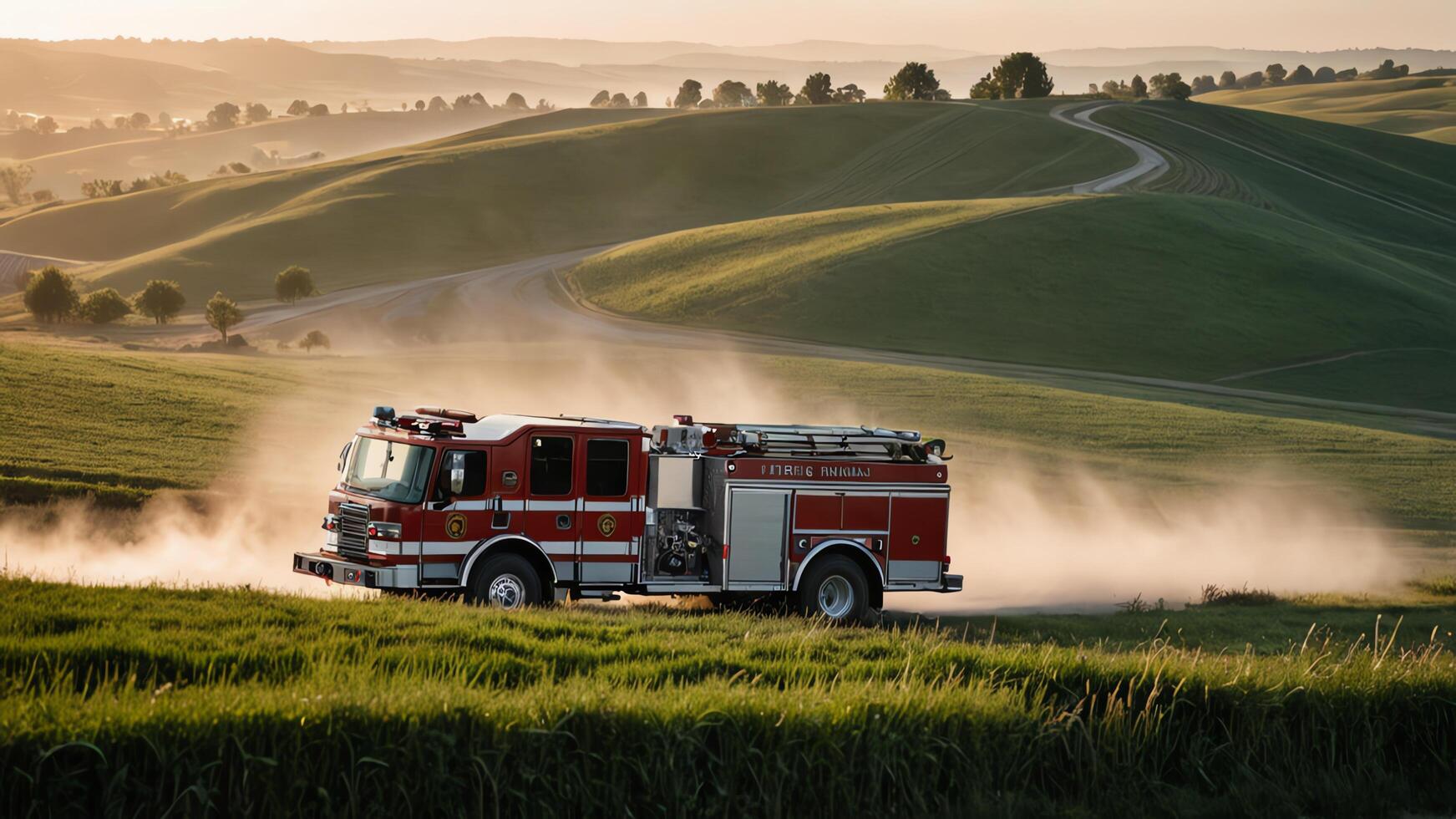 a fire truck driving down a road in the countryside photo
