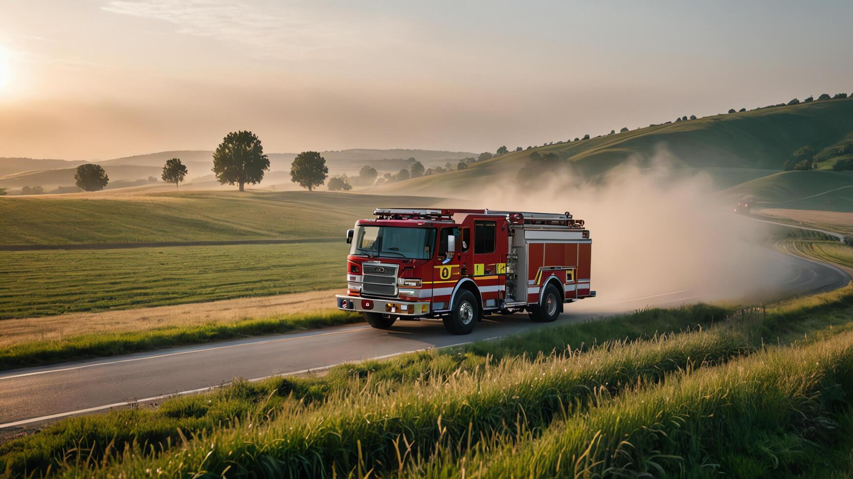 a fire truck driving down a road in the countryside photo