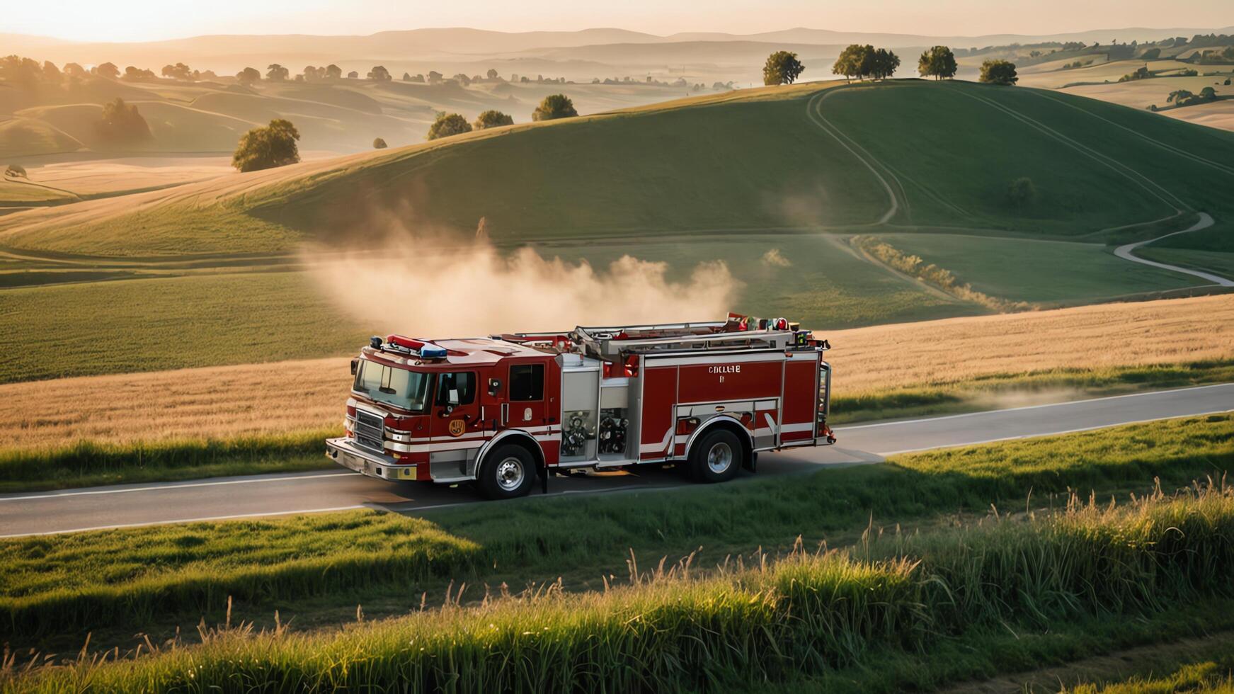 a fire truck driving down a road in the countryside photo