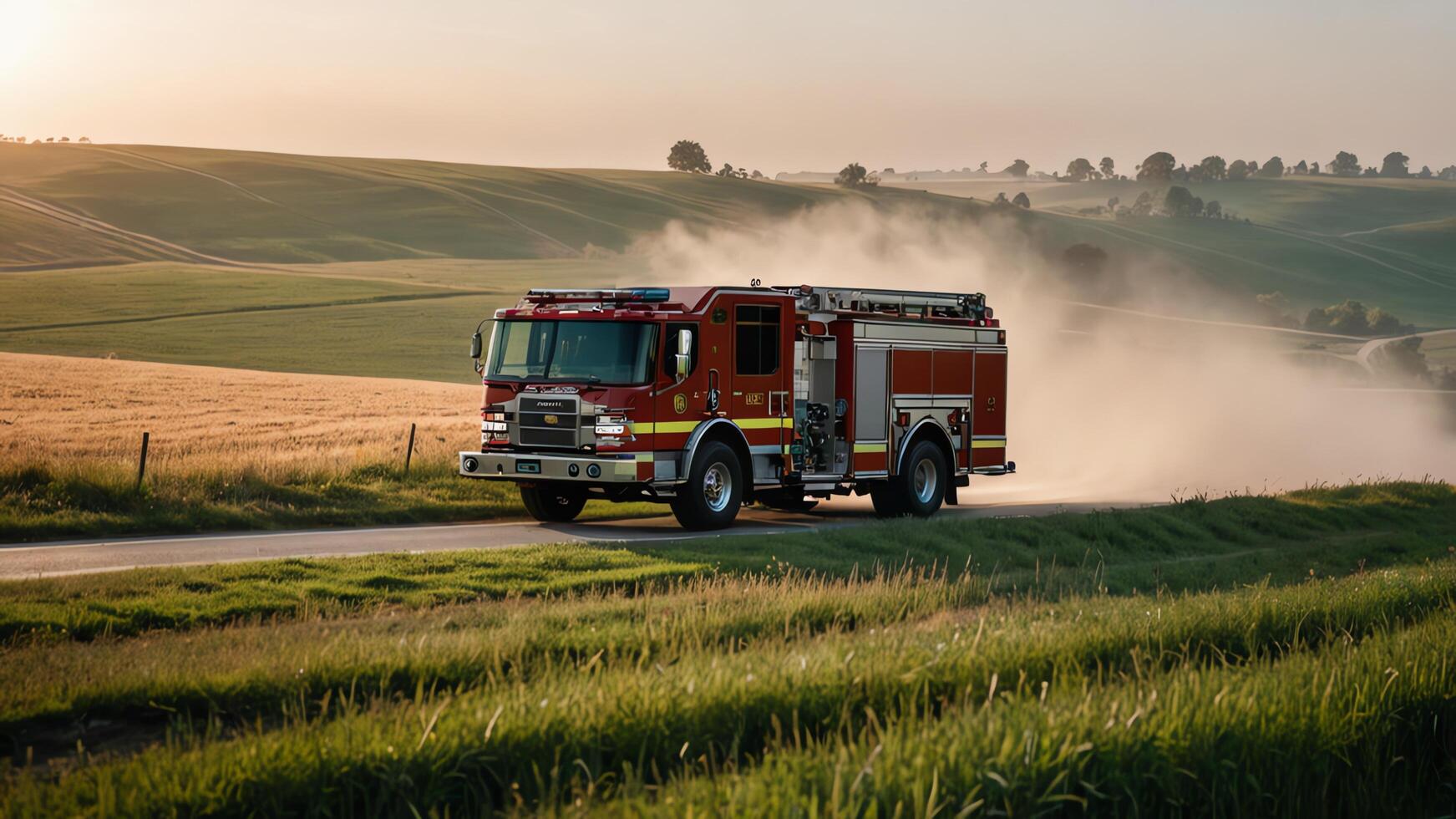 a fire truck driving down a road in the countryside photo