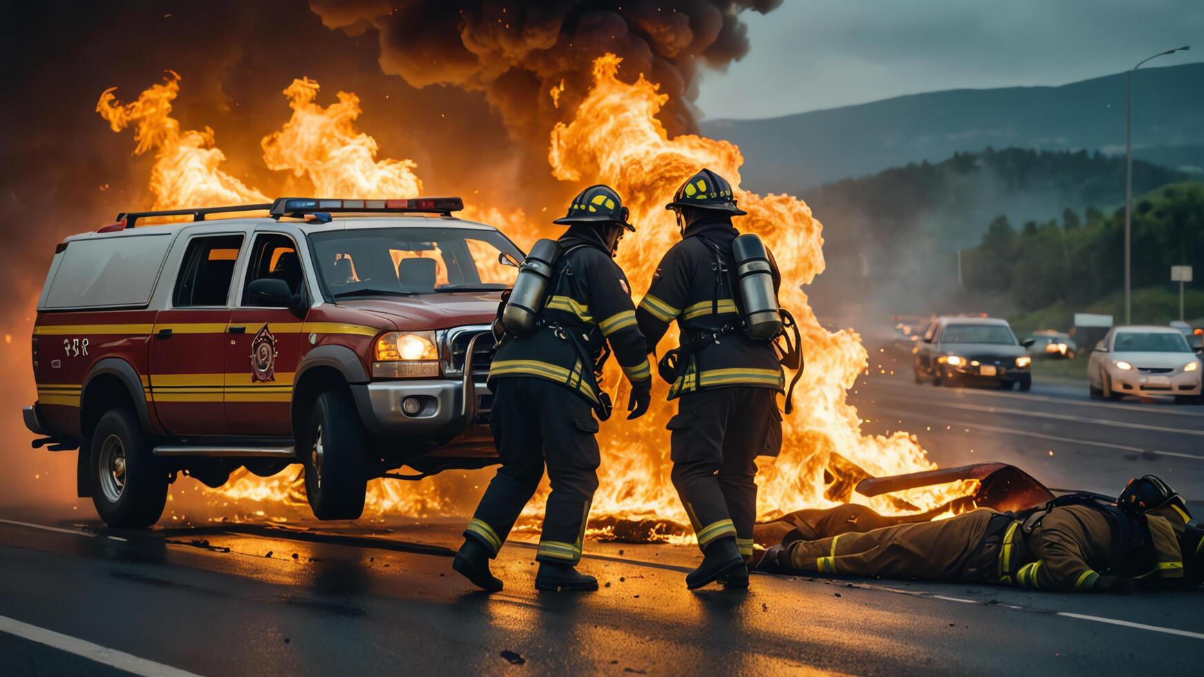 firefighting activities, the atmosphere of firefighters putting out fires photo