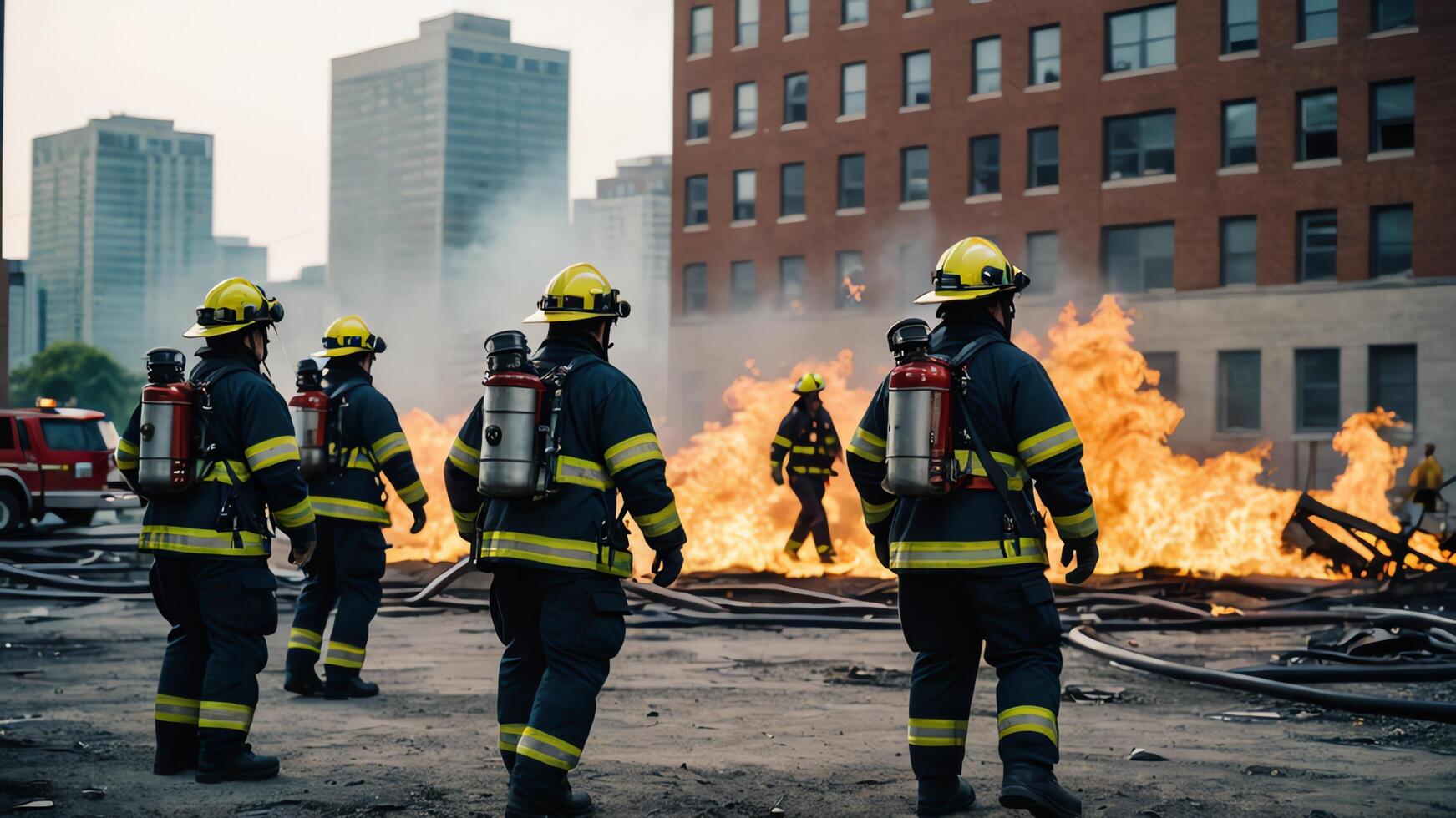 firefighting activities, the atmosphere of firefighters putting out fires photo