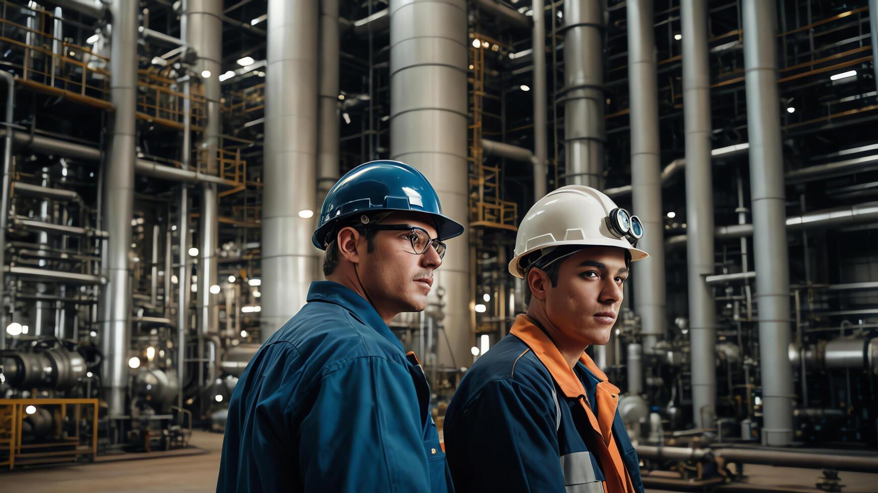 atmosphere of oil refinery work, factory, people working, oil refinery workers photo
