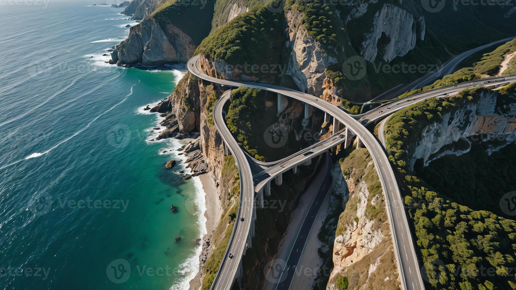 aerial view of highway, road, overpass on mountain cliff photo