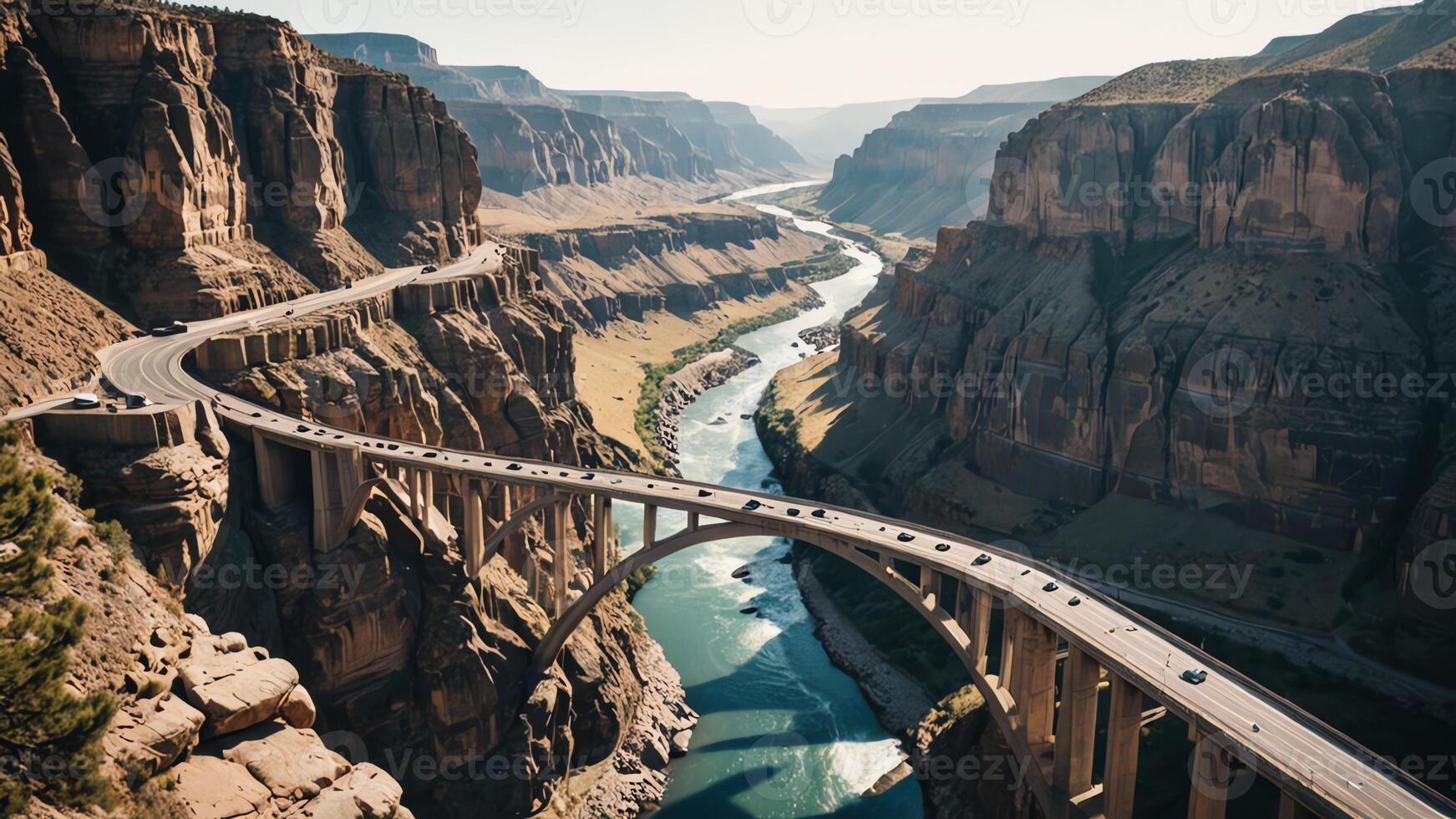 aerial view of highway, overpass on rock cliff photo