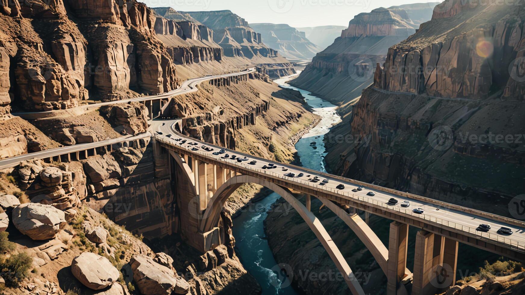 aerial view of highway, overpass on rock cliff photo