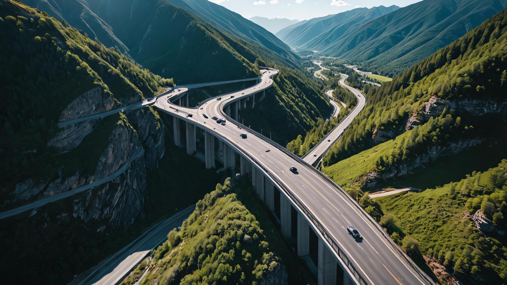aerial view of highway, road, overpass on mountain cliff photo