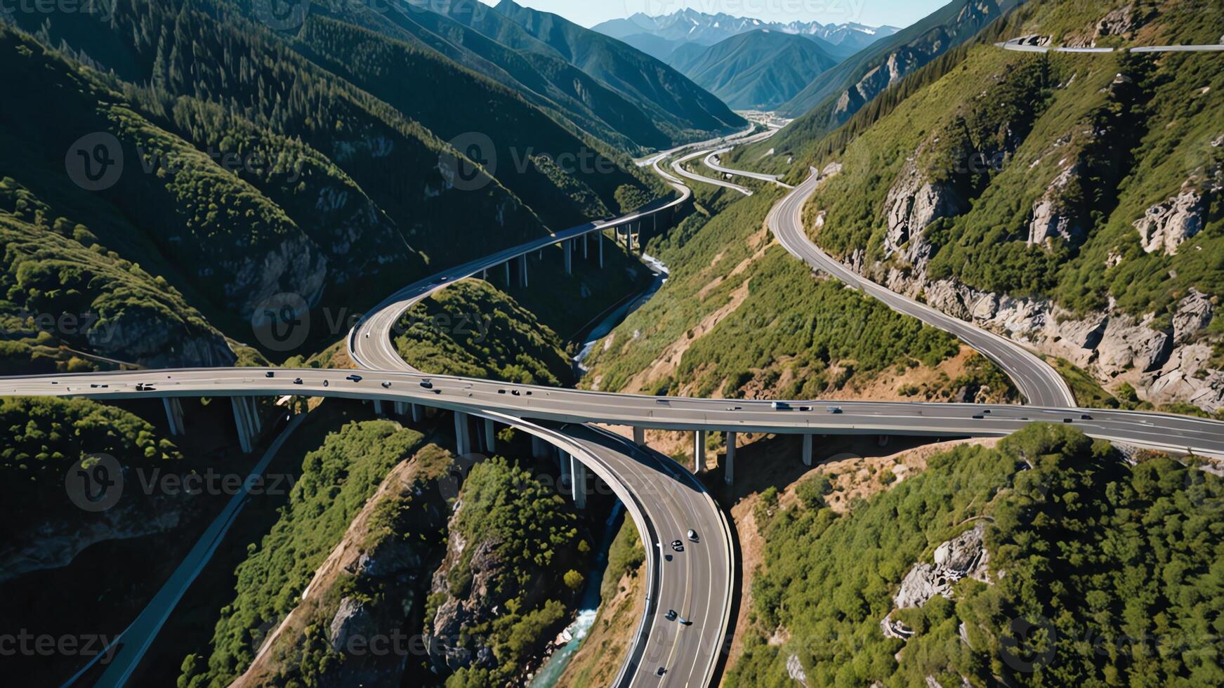 aerial view of highway, road, overpass on mountain cliff photo