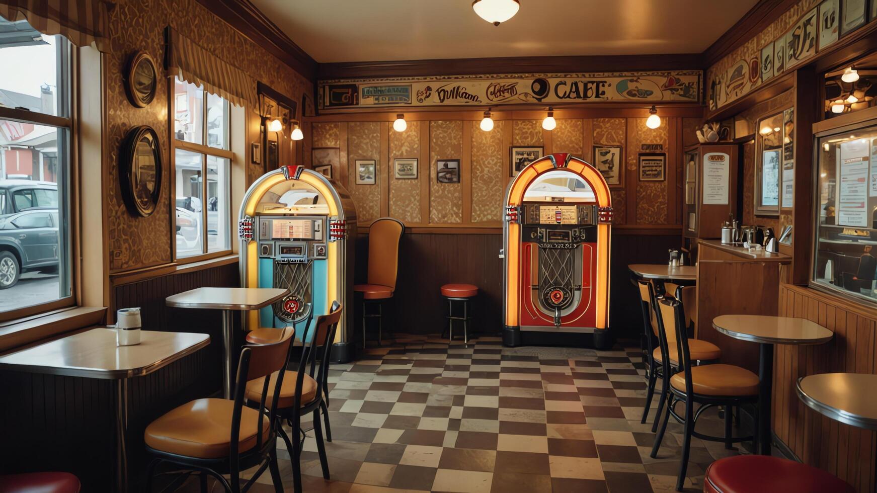 a restaurant with booths and tables and a machine photo