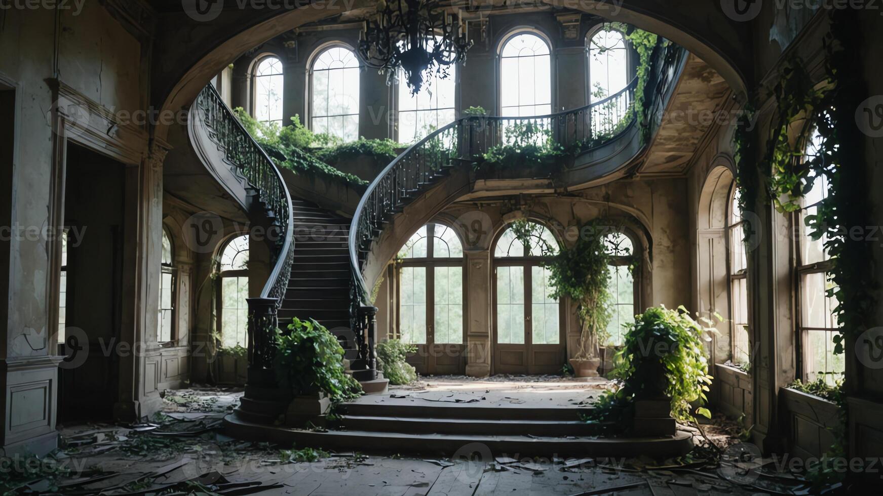 an abandoned mansion with stairs and a window photo