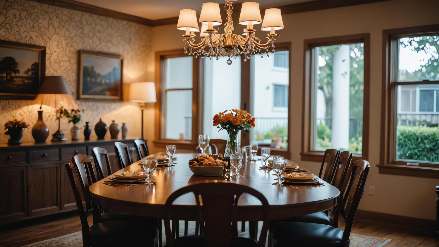 dining room with chairs and table, calm atmosphere in vintage style photo