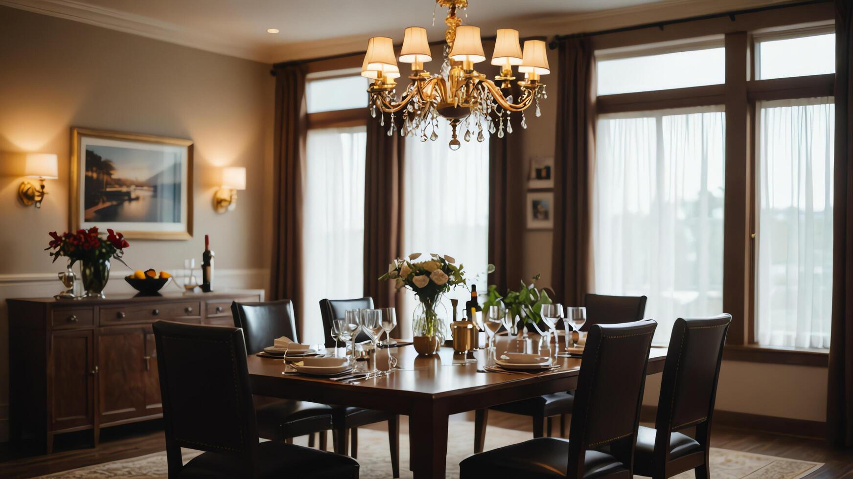 dining room with chairs and table, calm atmosphere in vintage style photo