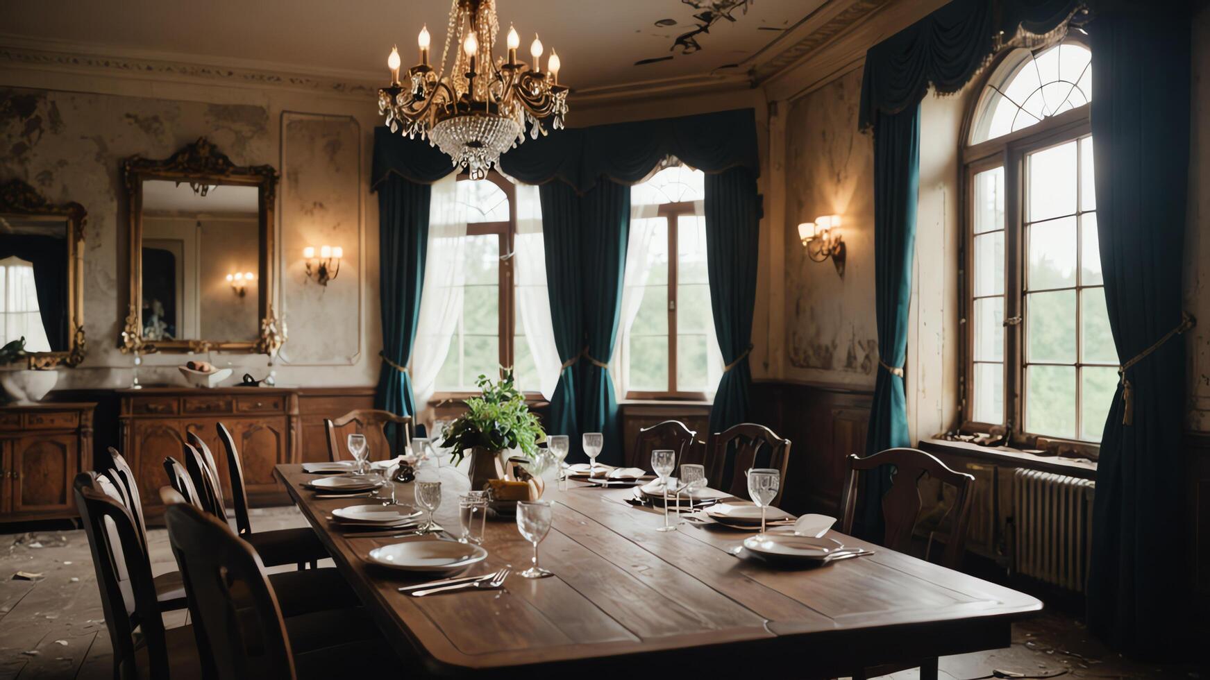 dining room with chairs and table, calm atmosphere in vintage style photo
