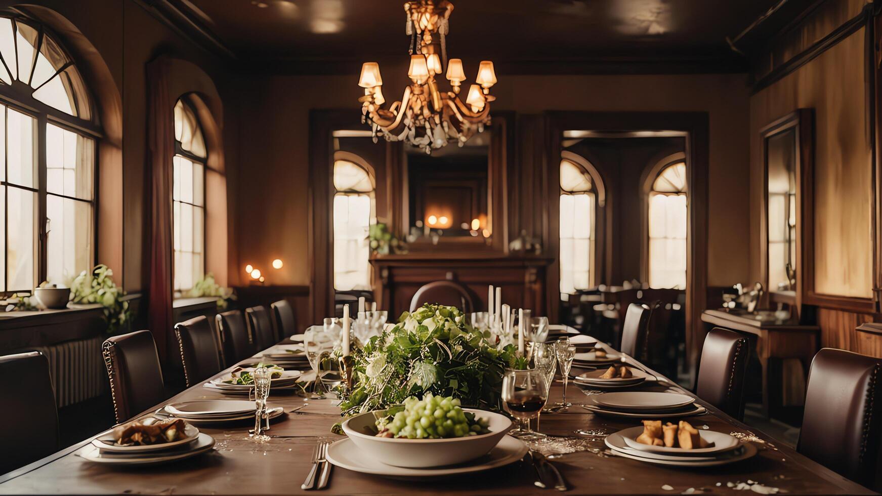 dining room with chairs and table, calm atmosphere in vintage style photo