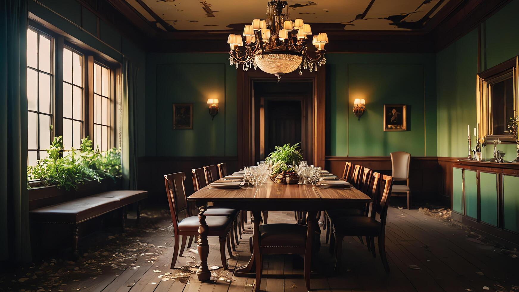 abandoned dining room with chairs and table, calm atmosphere photo