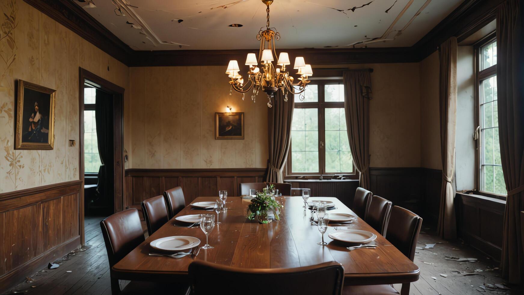 abandoned dining room with chairs and table, calm atmosphere photo