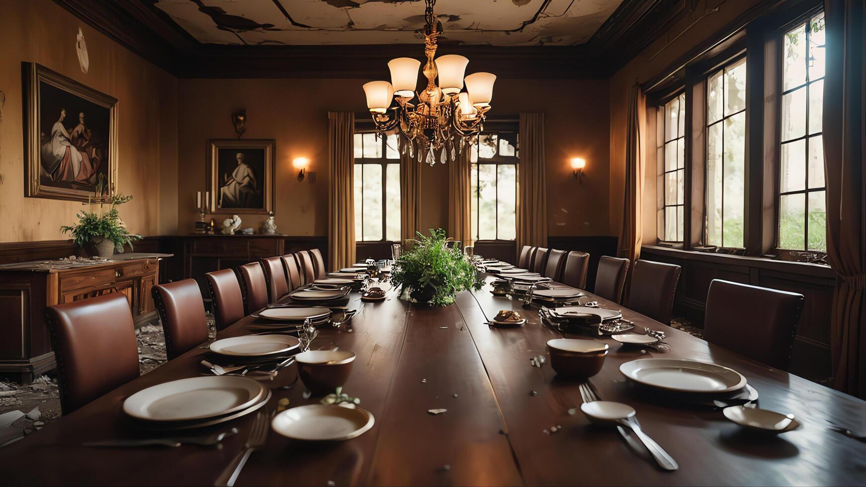 dining room with chairs and table, calm atmosphere in vintage style photo