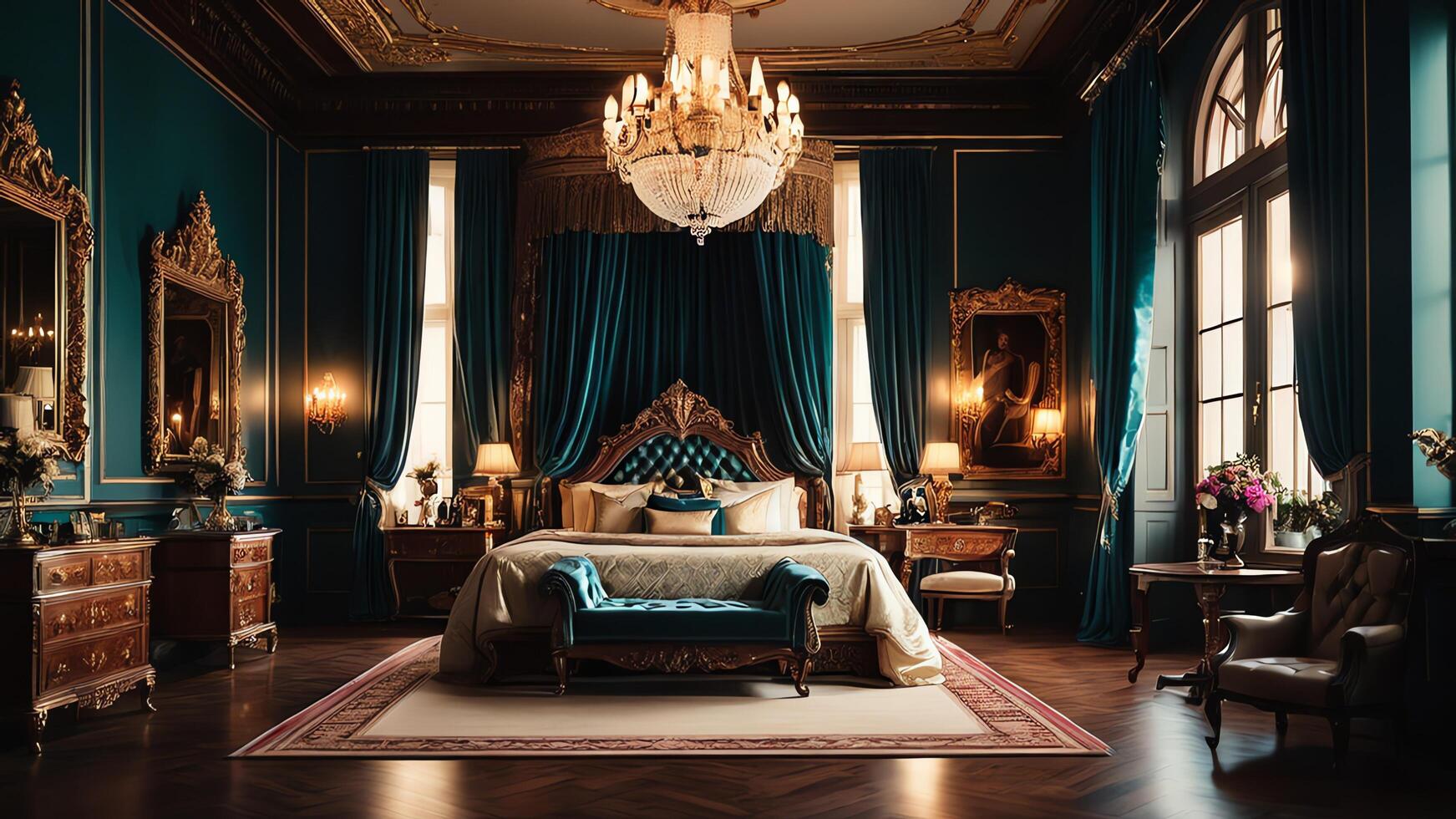 a large bed with gold trim and a red headboard photo