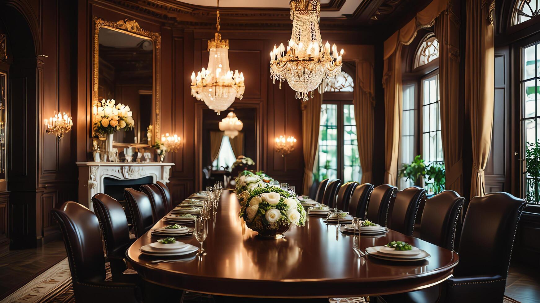 dining room with chairs and table, calm atmosphere in vintage style photo