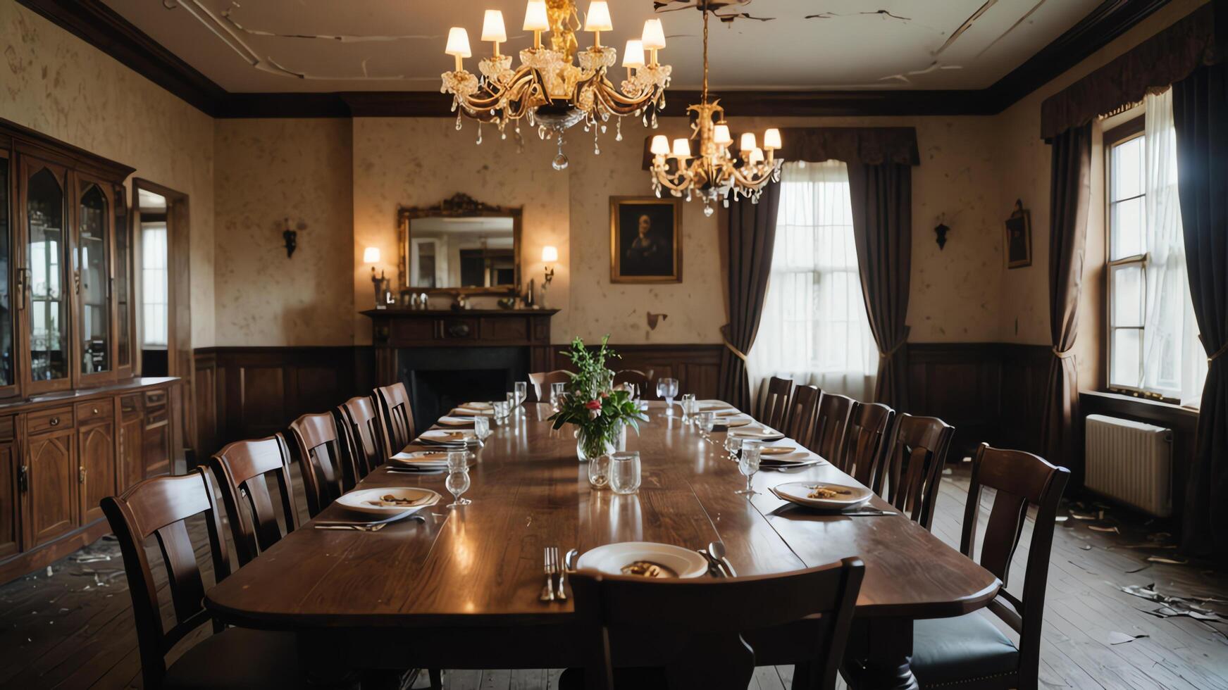 dining room with chairs and table, calm atmosphere in vintage style photo