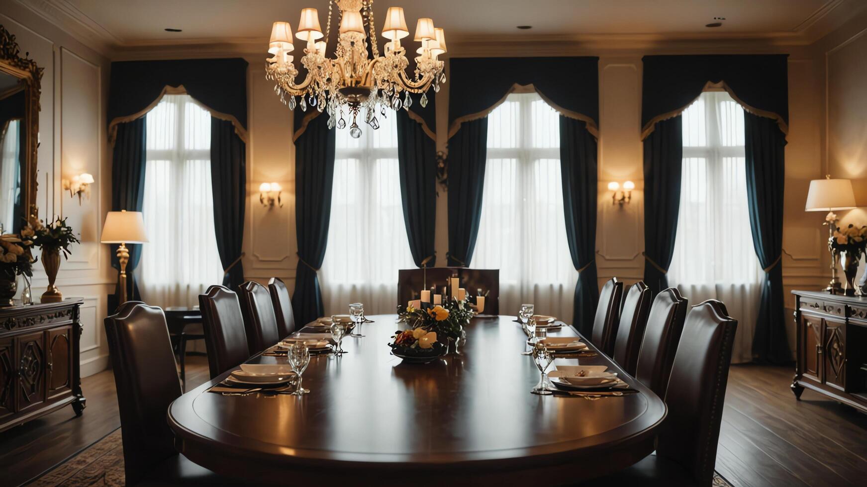 dining room with chairs and table, calm atmosphere in vintage style photo