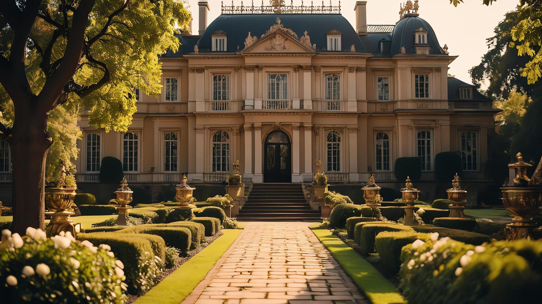 a large mansion with a garden and hedges photo