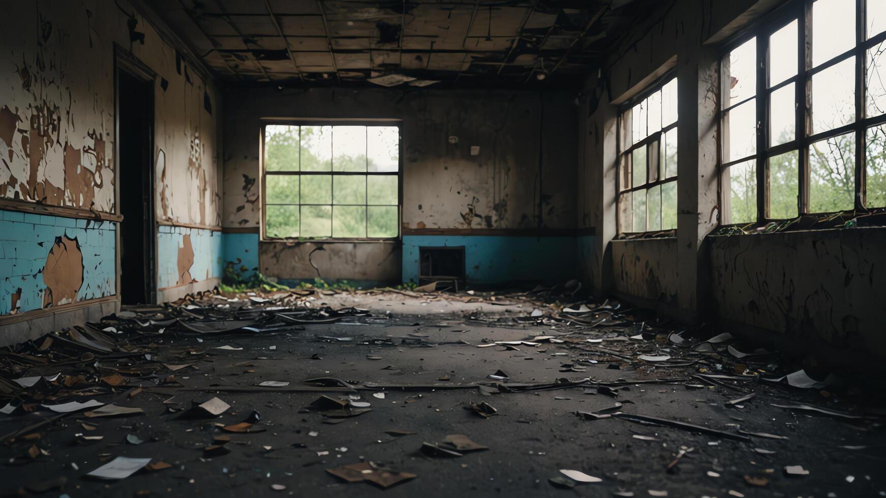 an old abandoned room with broken windows and debris photo