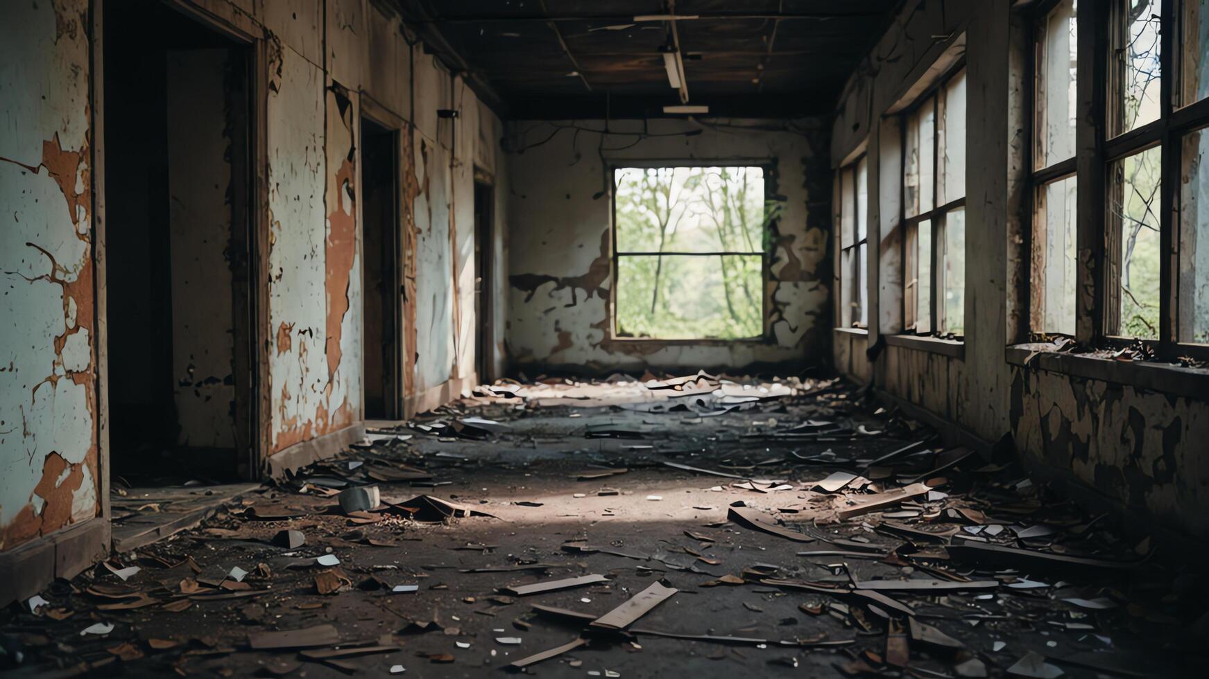 an old abandoned room with broken windows and debris photo