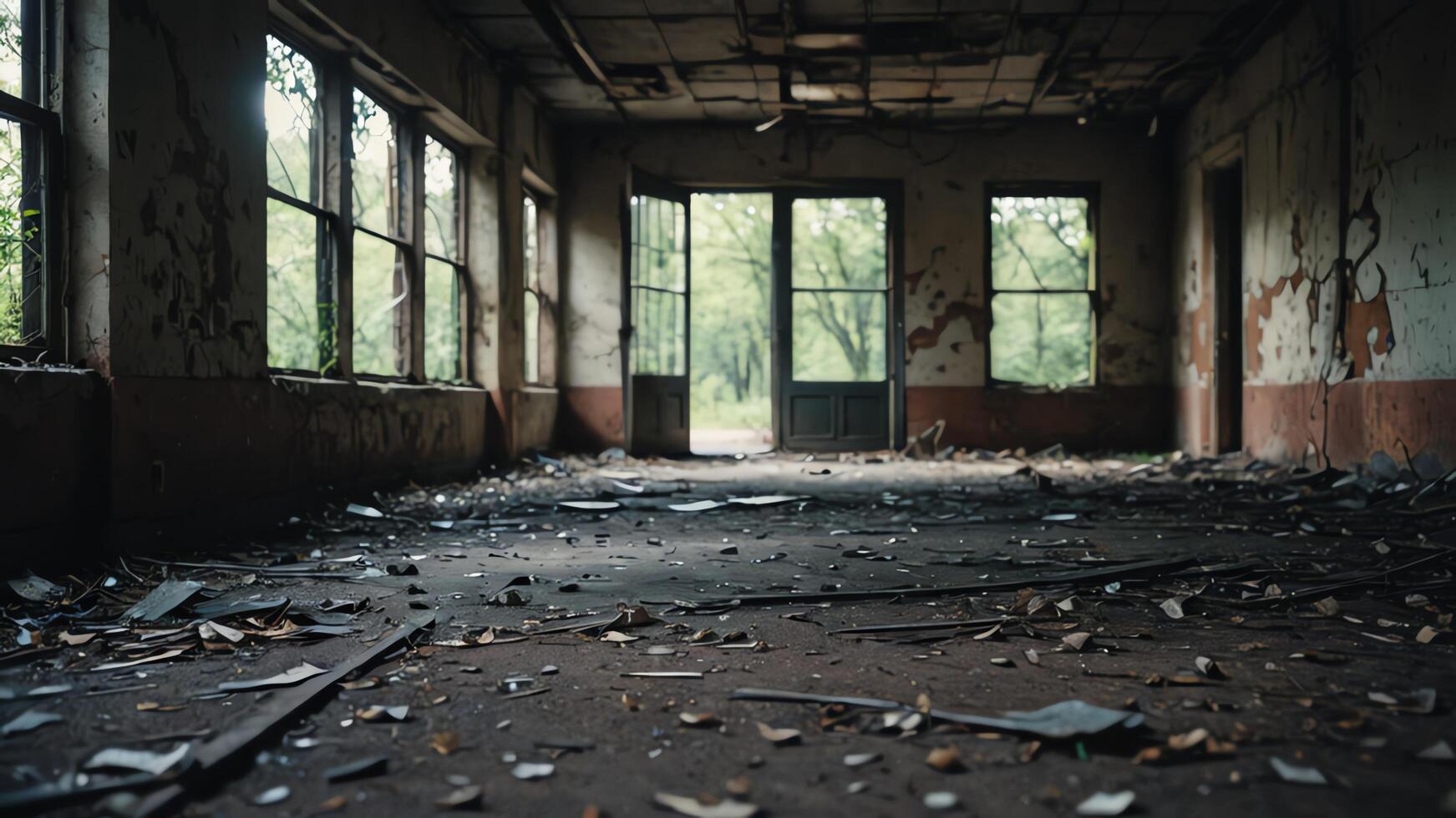 an old abandoned room with broken windows and debris photo