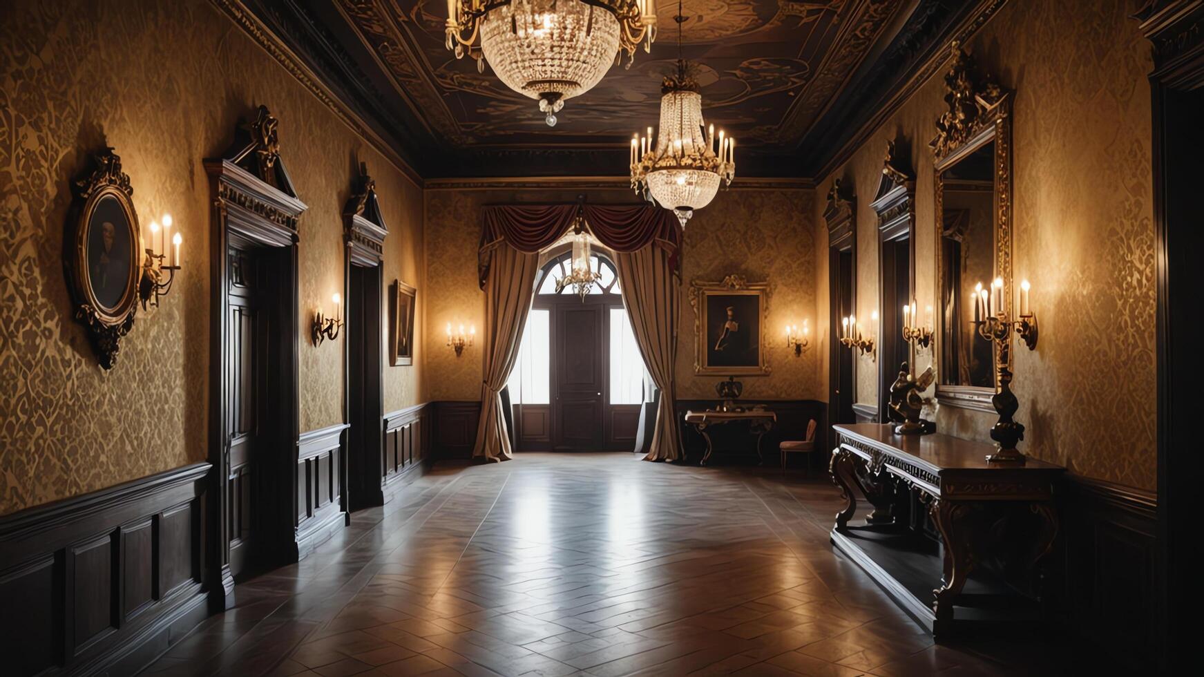 long empty hallway with retro vintage brown atmosphere photo