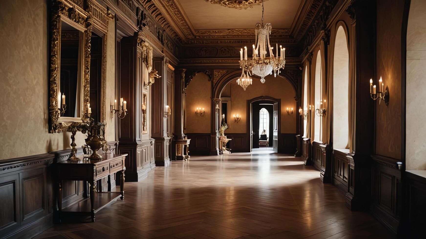 long empty hallway with retro vintage brown atmosphere photo