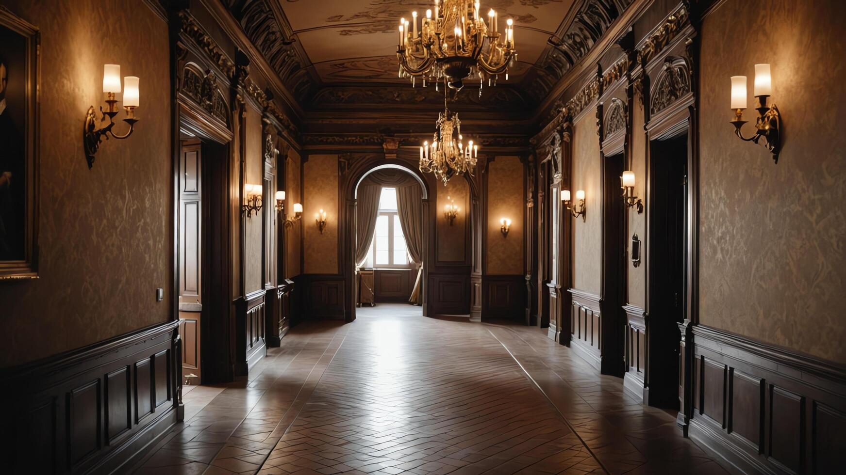 long empty hallway with retro vintage brown atmosphere photo