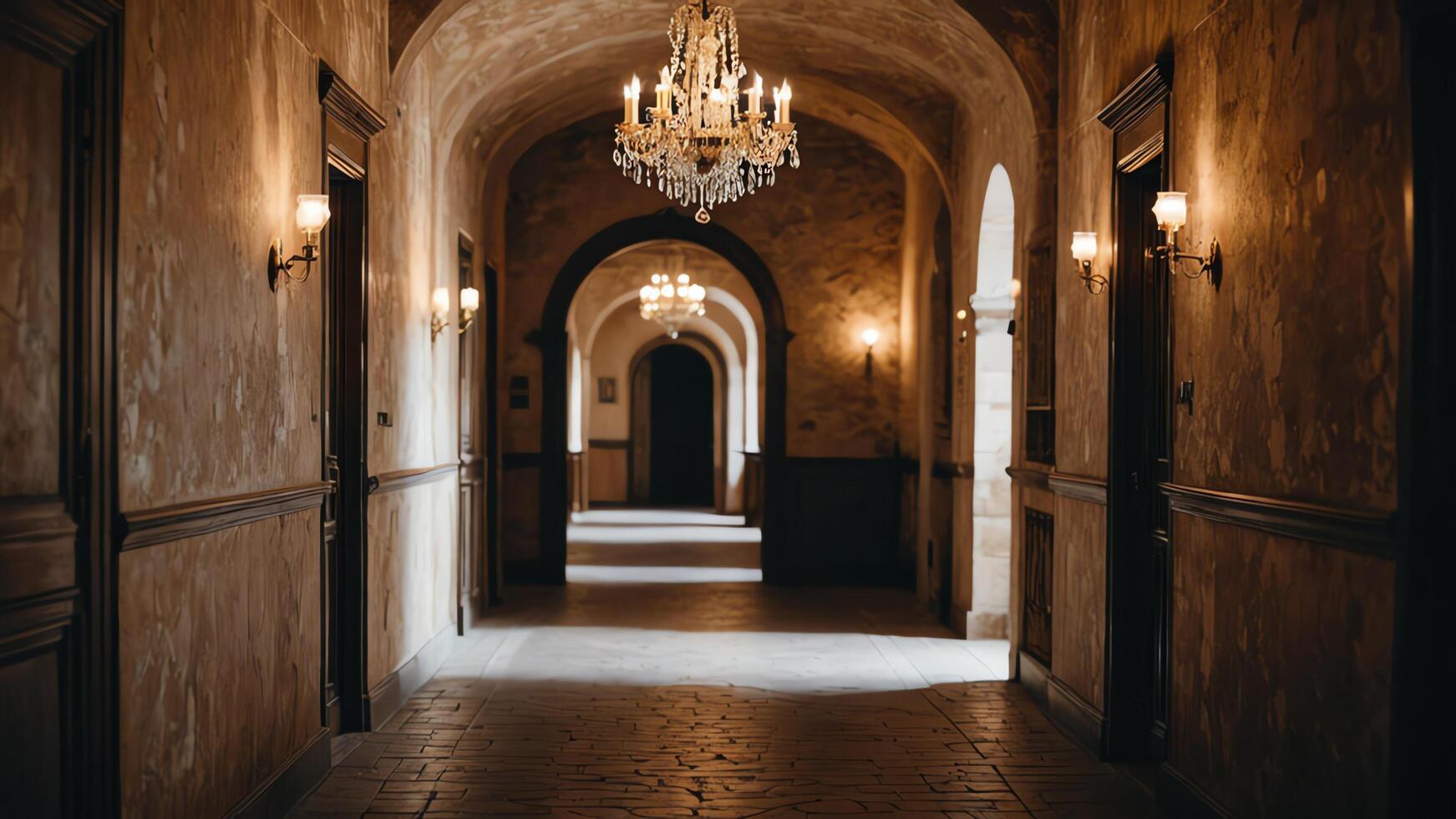 long empty hallway with retro vintage brown atmosphere photo