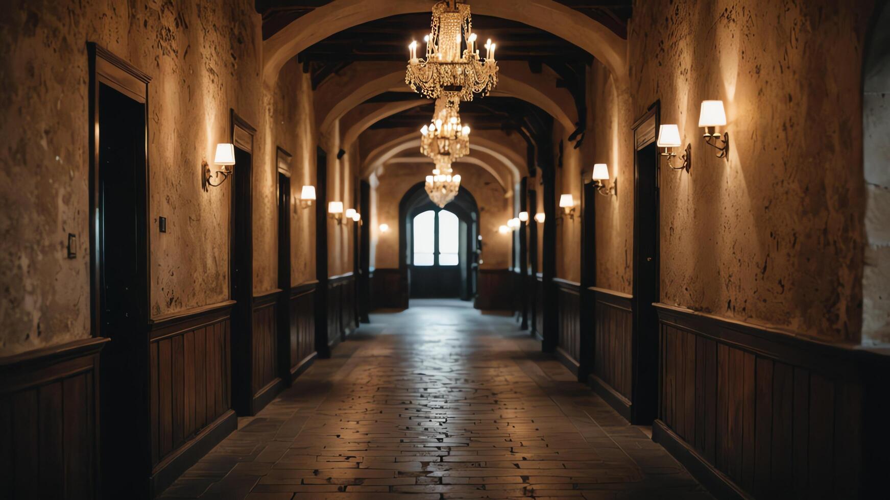 long empty hallway with retro vintage brown atmosphere photo