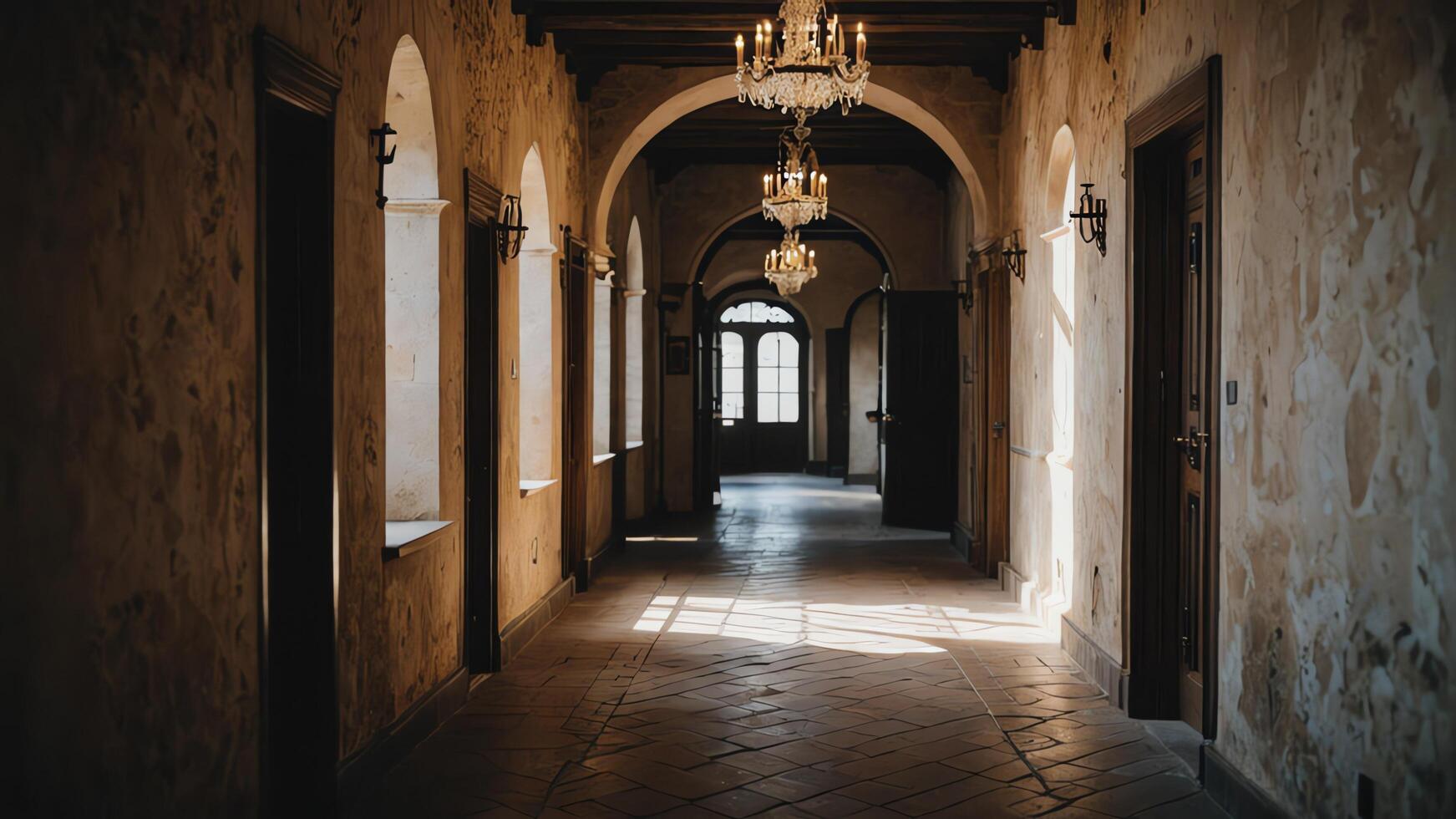 long empty hallway with retro vintage brown atmosphere photo