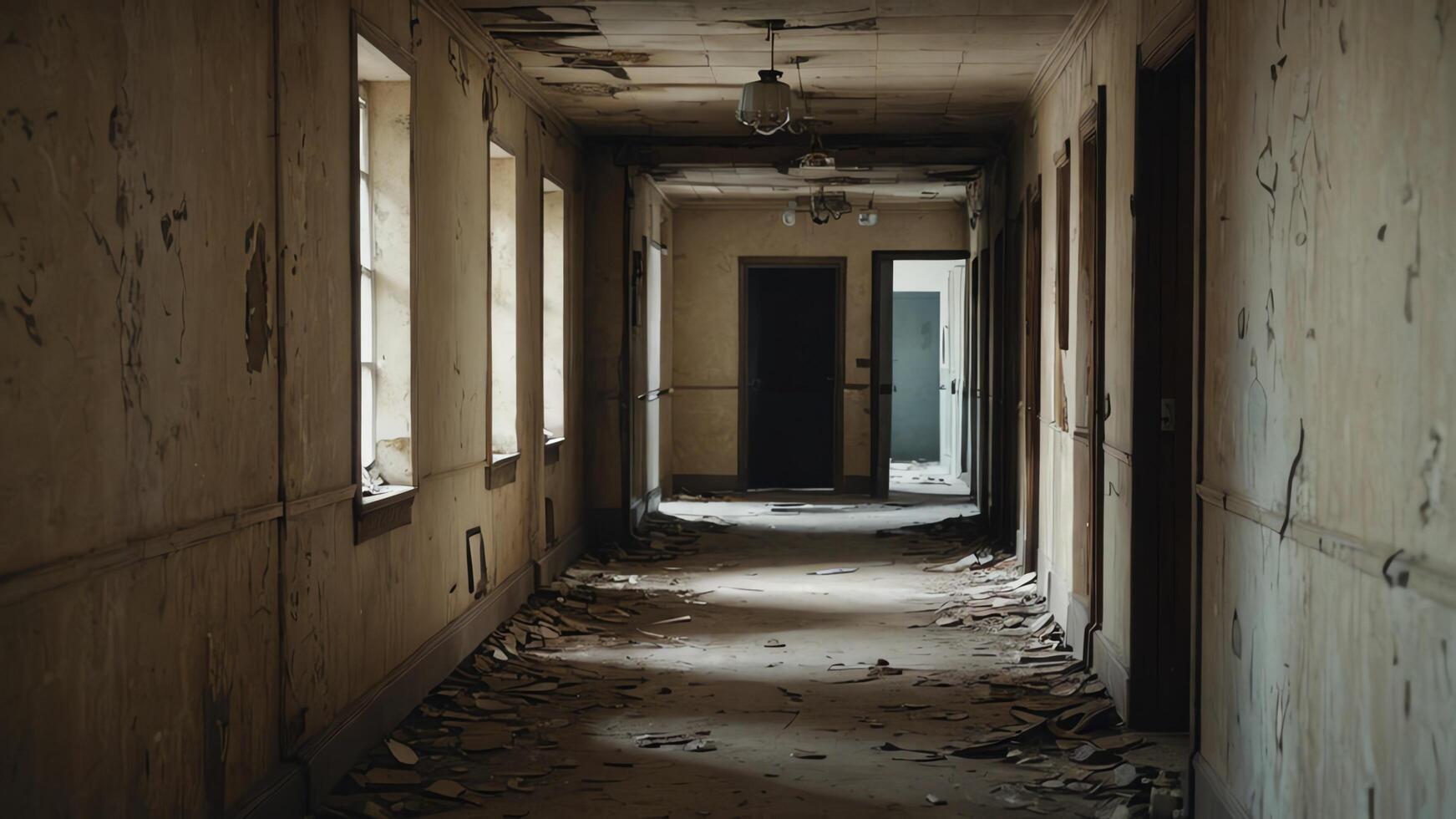 an empty hallway with a broken door and peeling paint photo