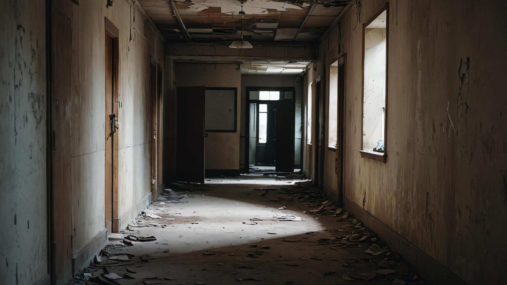 an empty hallway with a broken door and peeling paint photo