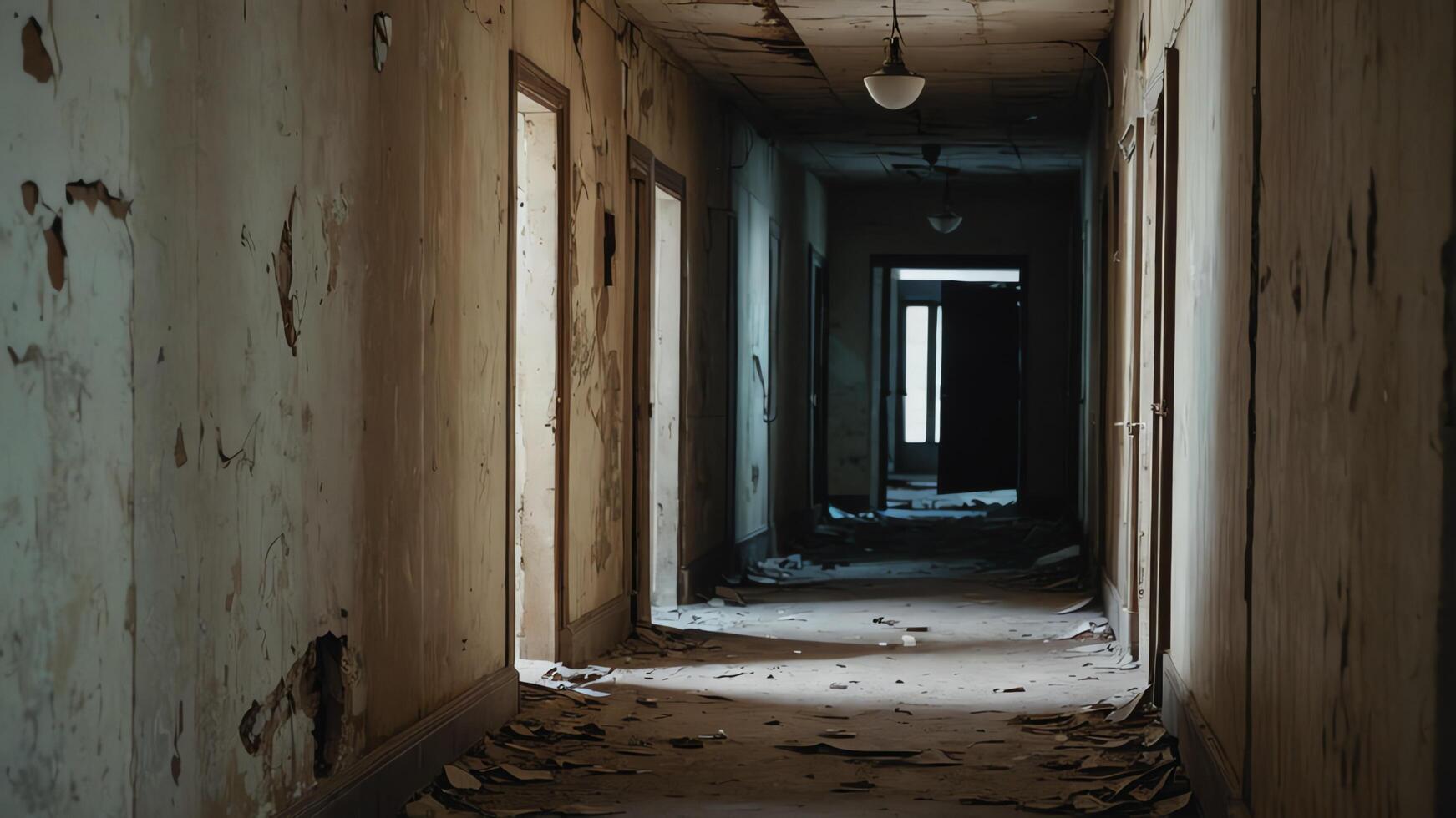 an empty hallway with broken windows and a chandelier photo