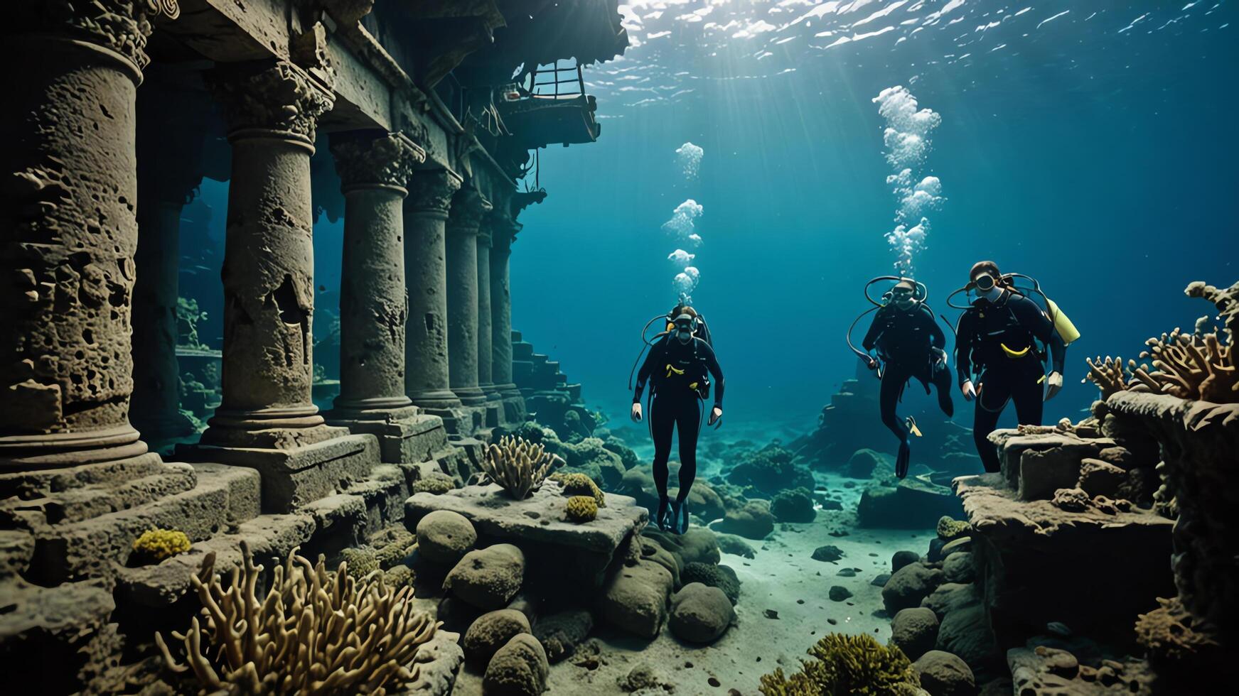 cuba divers are in the water near the wrecks of buildings and sunken objects photo