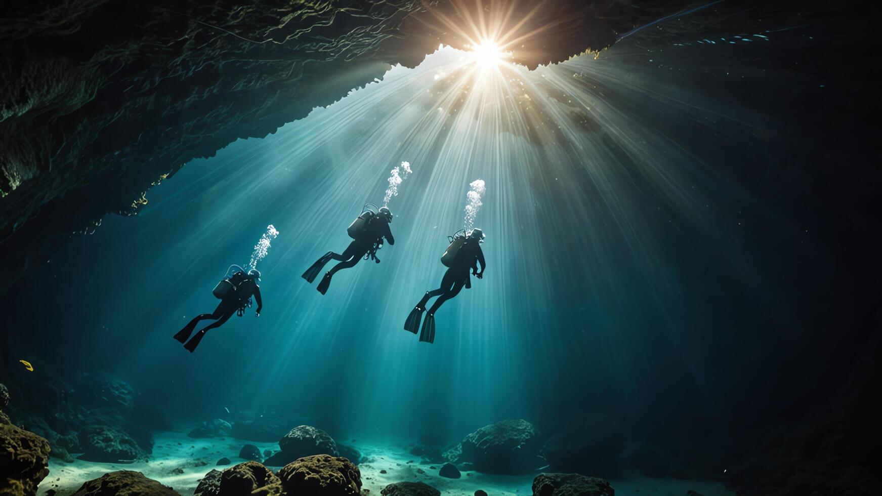 divers are exploring underwater caves, deep sea underwater cave views photo