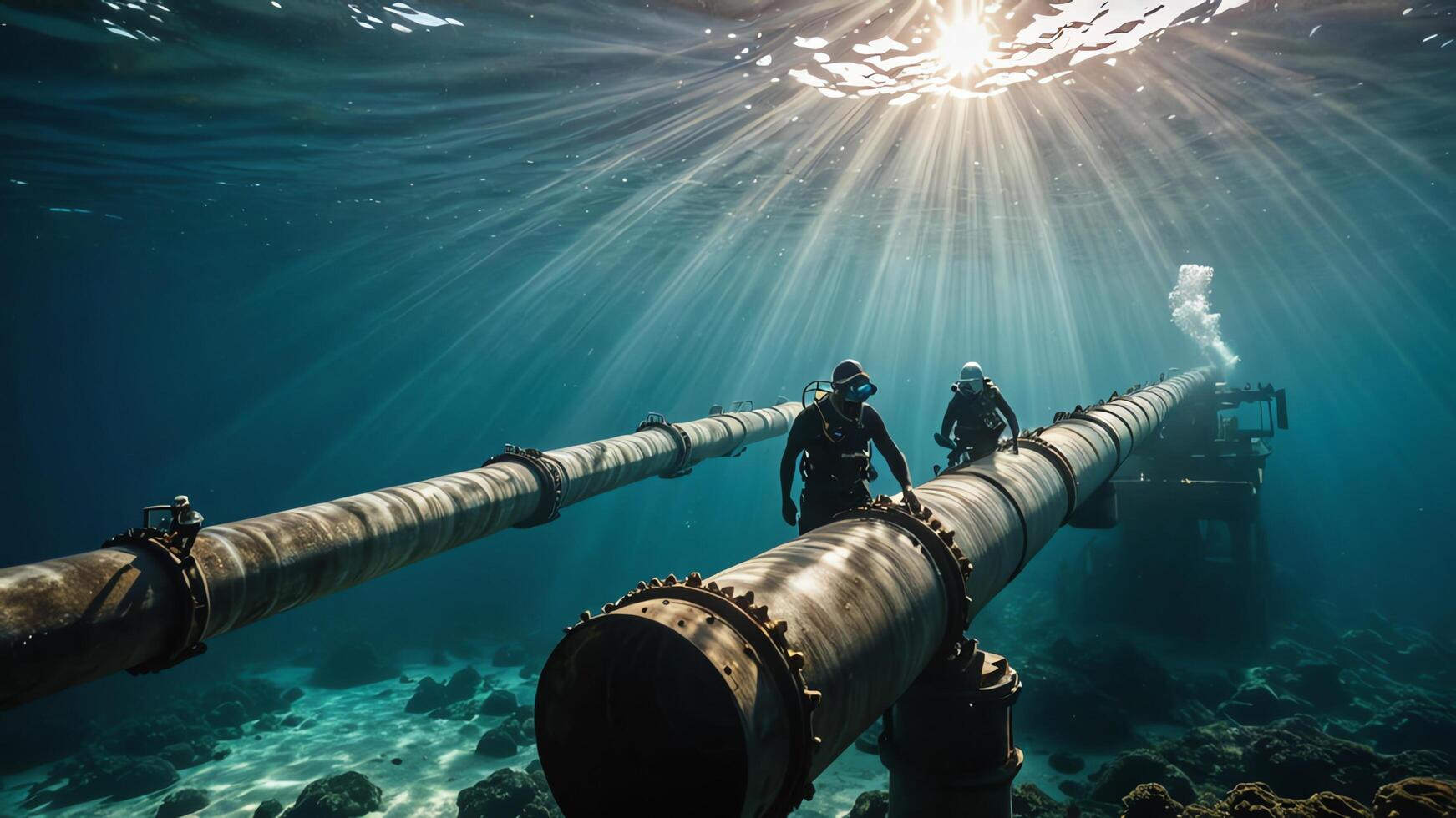 Dive workers are checking and repairing large pipes in the ocean photo